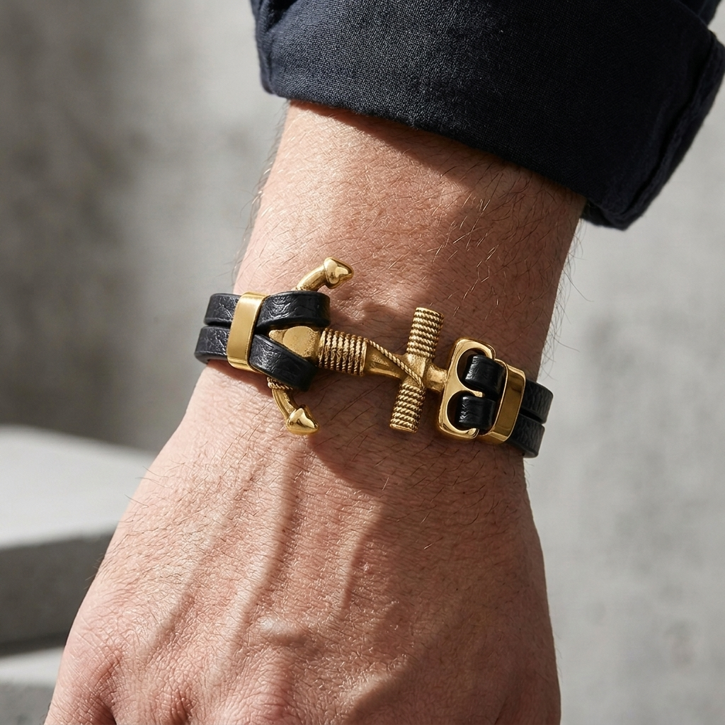 Bracelet homme ancre noir doré porté au poignet, même montage deux rangs
