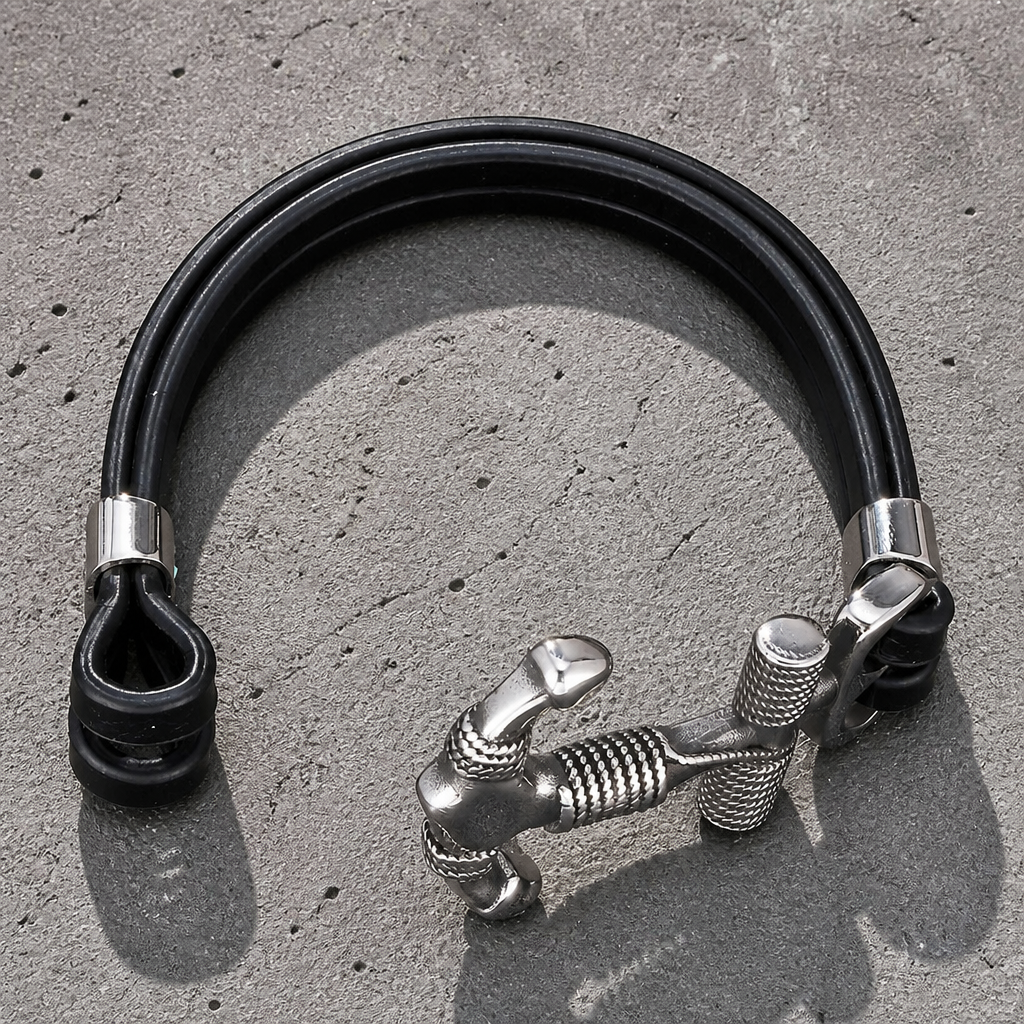 Bracelet ancre noir ouvert, boucle souple à une extrémité et tige d'ancre à l'autre