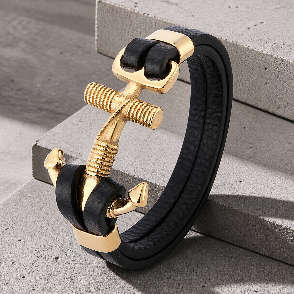 Bracelet homme ancre noir finition dorée, ancre plaquée sur acier inoxydable
