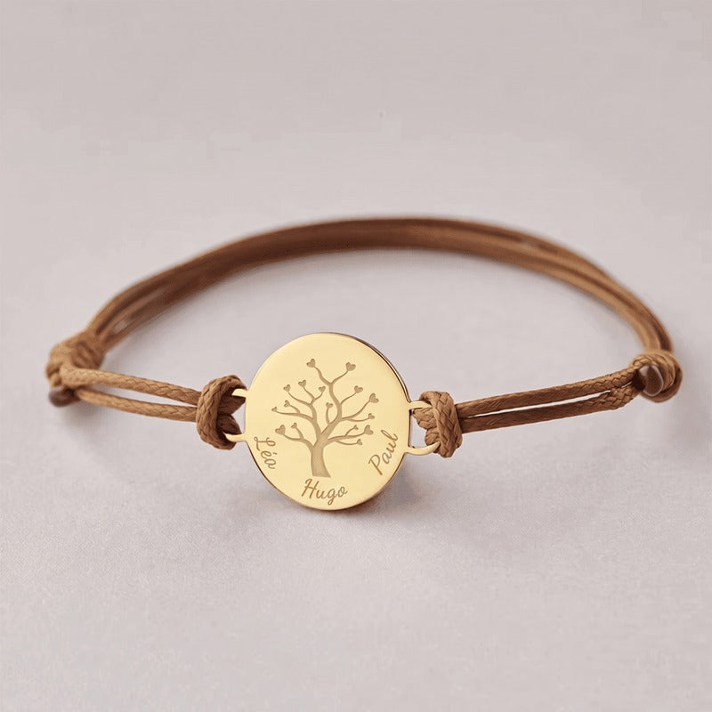 Bracelet homme arbre de vie, cordon marron et médaillon doré gravé