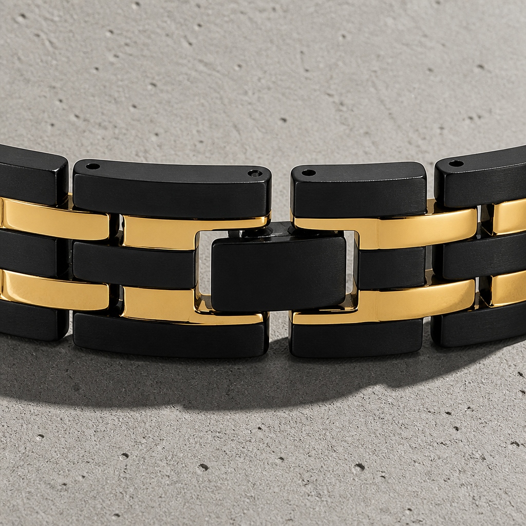 Fermoir papillon à poussoirs du bracelet acier noir et or