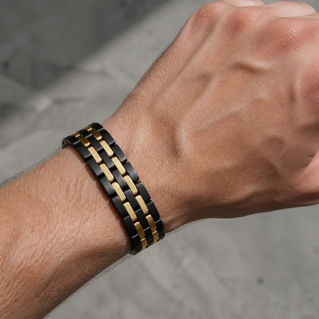Bracelet bicolore noir et or porté au poignet
