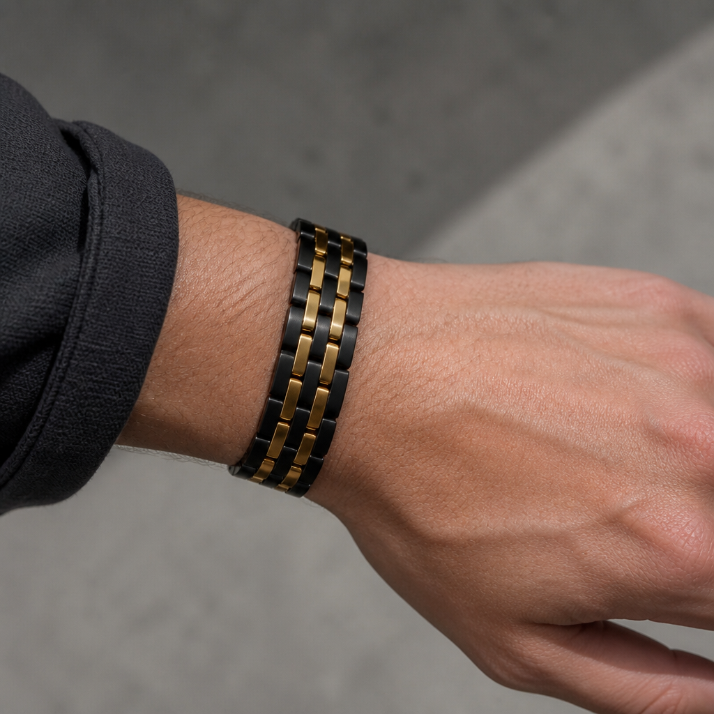 Bracelet acier noir et or porté sous une manche relevée