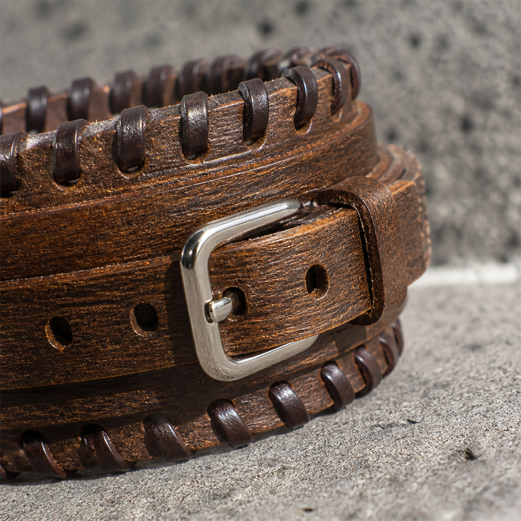 Des Finitions Exemplaires - Bracelet Homme Boucle Double en Cuir Marron Patiné