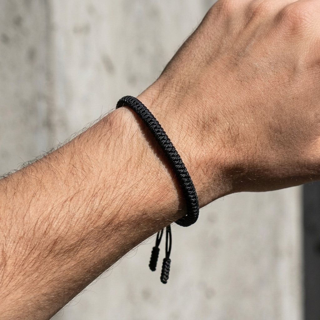 Bracelet homme cordelette noire porté au poignet