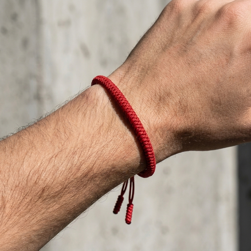 Bracelet homme cordelette rouge porté au poignet