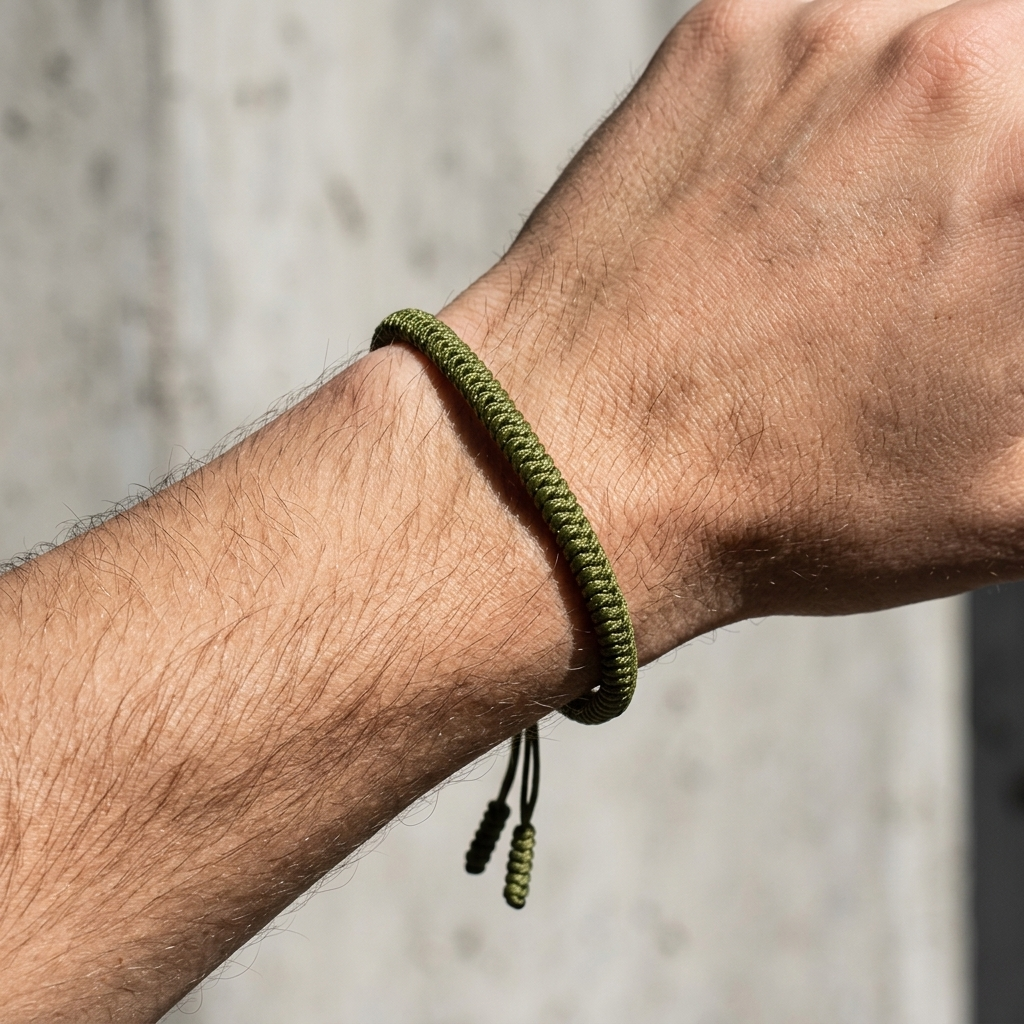 Bracelet homme cordelette vert kaki porté au poignet