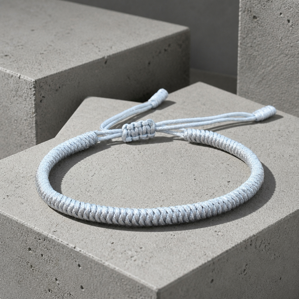Bracelet homme cordelette gris clair et son nœud coulissant, sur béton brut