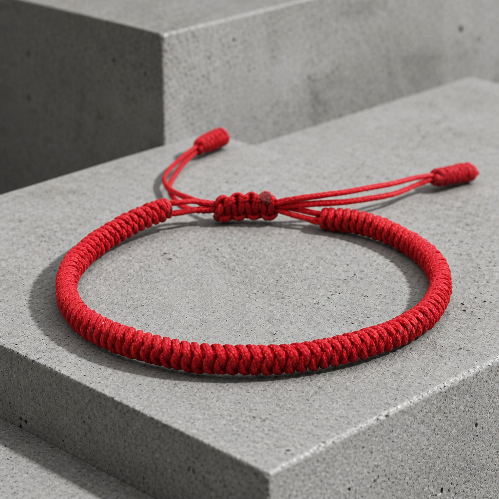Bracelet homme cordelette rouge tressée à la main, vue de dessus