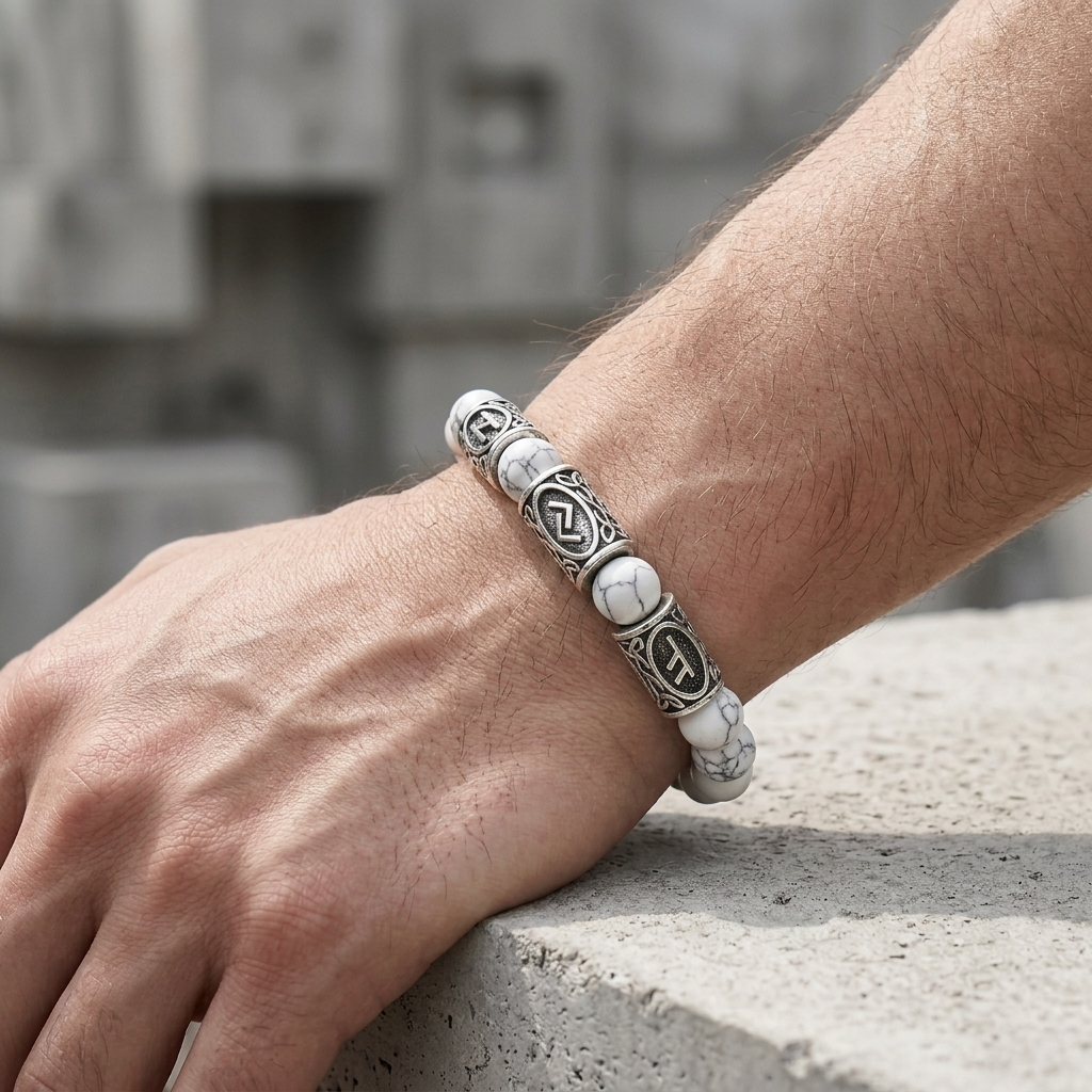Poignet d'homme portant la version blanche du bracelet à perles et runes