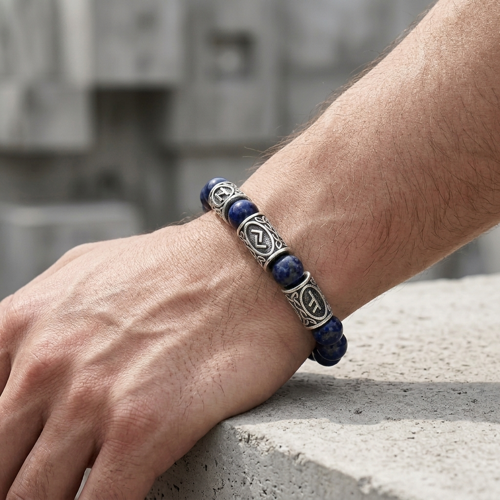 Coloris bleu du bracelet homme couleur au poignet, perles mouchetées et runes