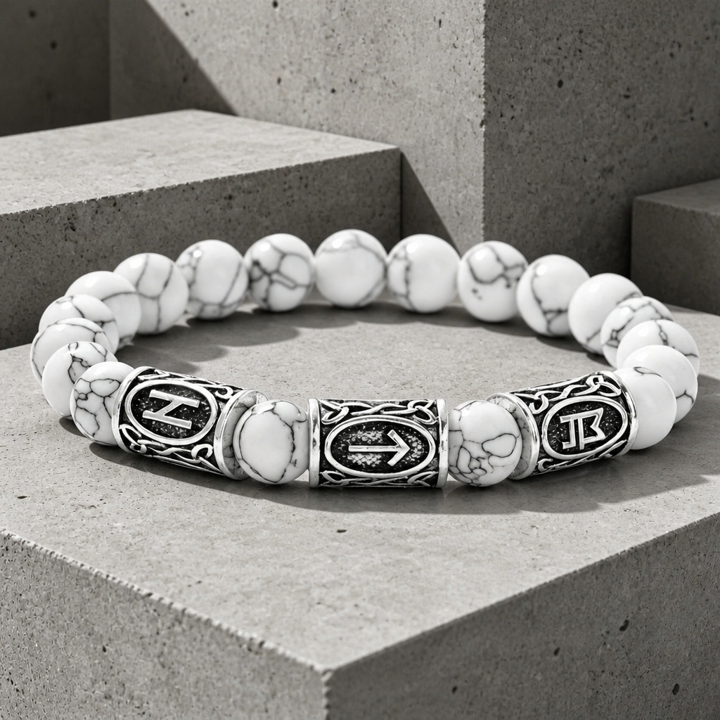 Bracelet homme couleur blanc veiné, perles polies et trois barils gravés de runes sur blocs de béton