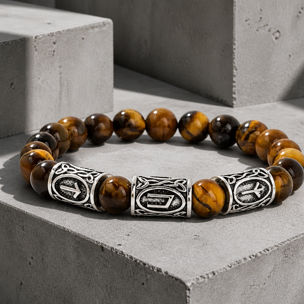 Version brun doré du bracelet homme couleur, perles zébrées et cylindres argentés