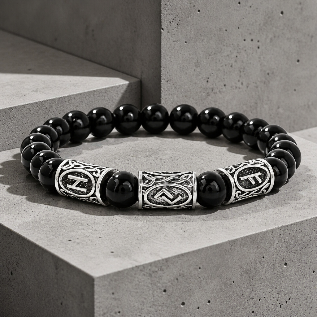 Coloris noir du bracelet, perles brillantes et cylindres à runes en alliage argenté