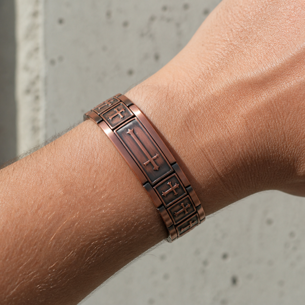 Bracelet homme croix cuivre antique porté au poignet