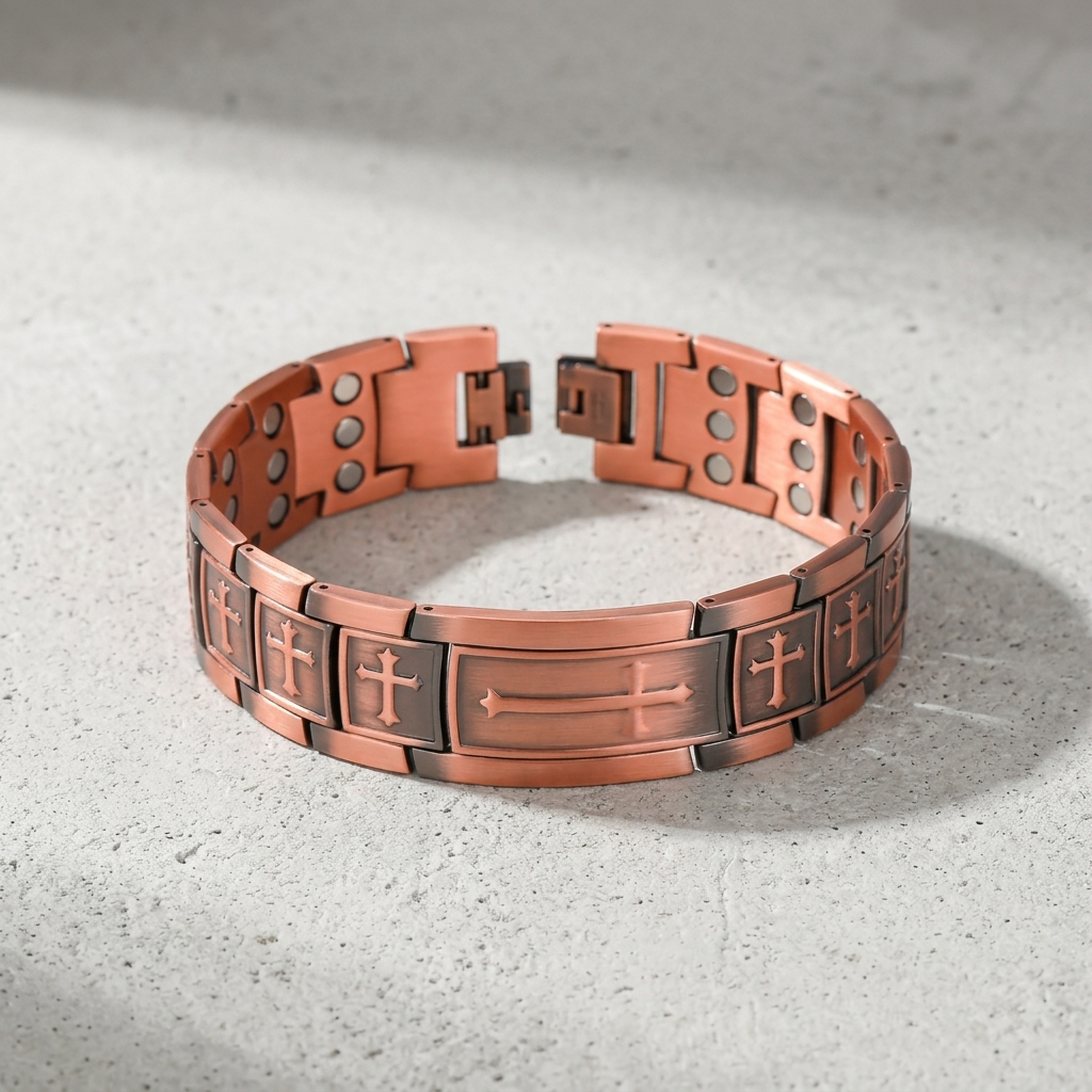 Bracelet homme croix en cuivre antique déplié à plat, maillons gravés et fermoir ouvert