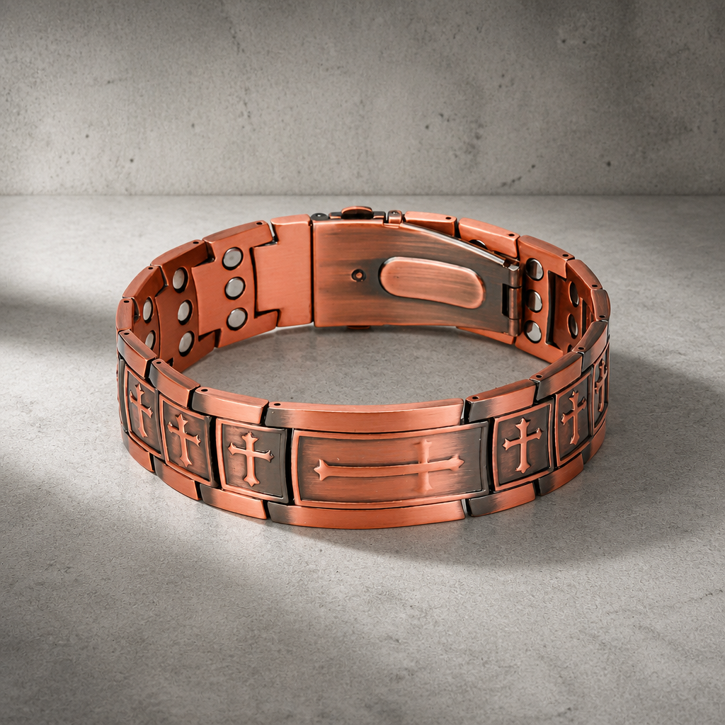 Bracelet homme avec croix aimanté en cuivre antique, maillons gravés d'une croix latine