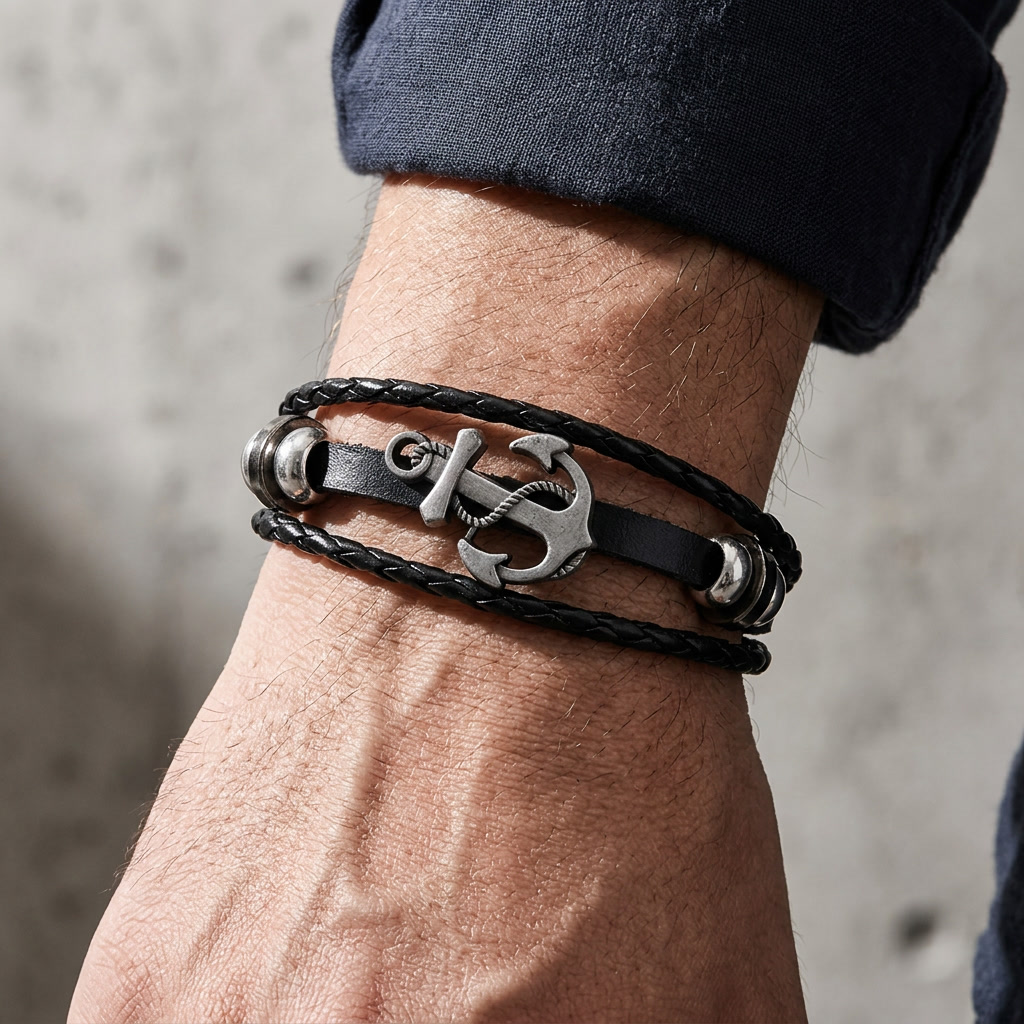 Bracelet homme cuir ancre noir porté au poignet sous une manche remontée