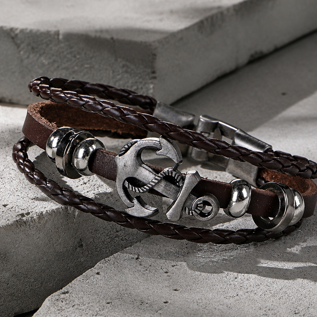 Bracelet homme cuir ancre marron, cordons tressés et ancre en métal patiné