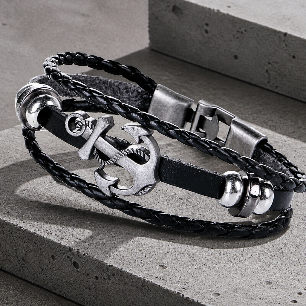 Bracelet homme cuir ancre noir, cordons tressés et ancre en métal patiné, sur béton