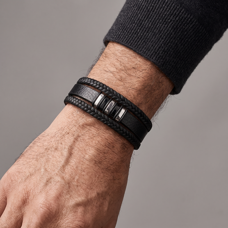 Bracelet homme cuir luxe argent et noir porté au poignet, cuir véritable multirang