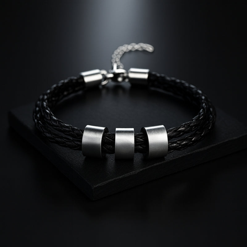 Bracelet homme cuir tressé personnalisé 3 plaques acier gravure laser fermoir ajustable LBDH