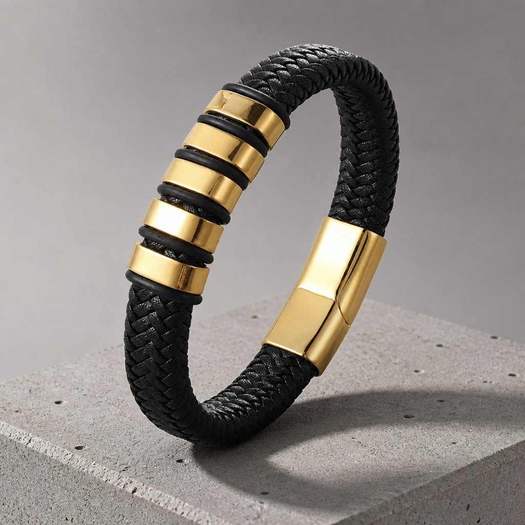 Bracelet homme cuir tressé doré à quatre manchons d'acier et fermoir aimanté