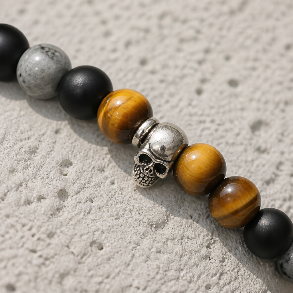 Des Finitions Exemplaires - Bracelet Homme Élastique Tête de Mort et Perles de Pierre