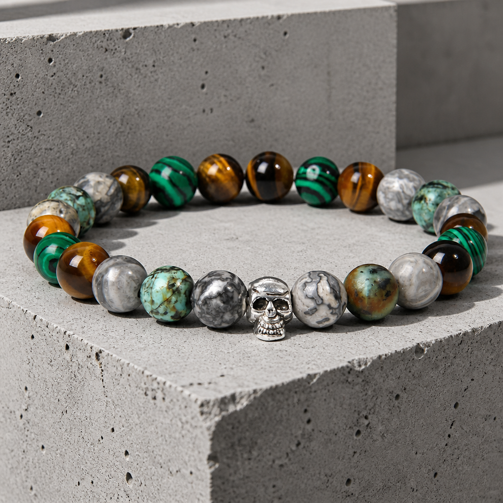 Version verte : perles vertes mouchetées mêlées de doré et de gris