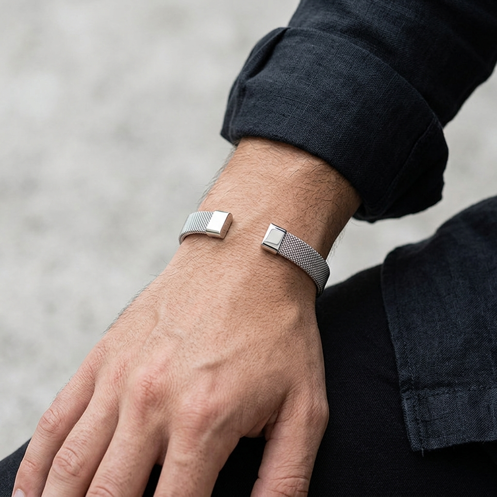 Homme portant au poignet le bracelet en maille milanaise argentée