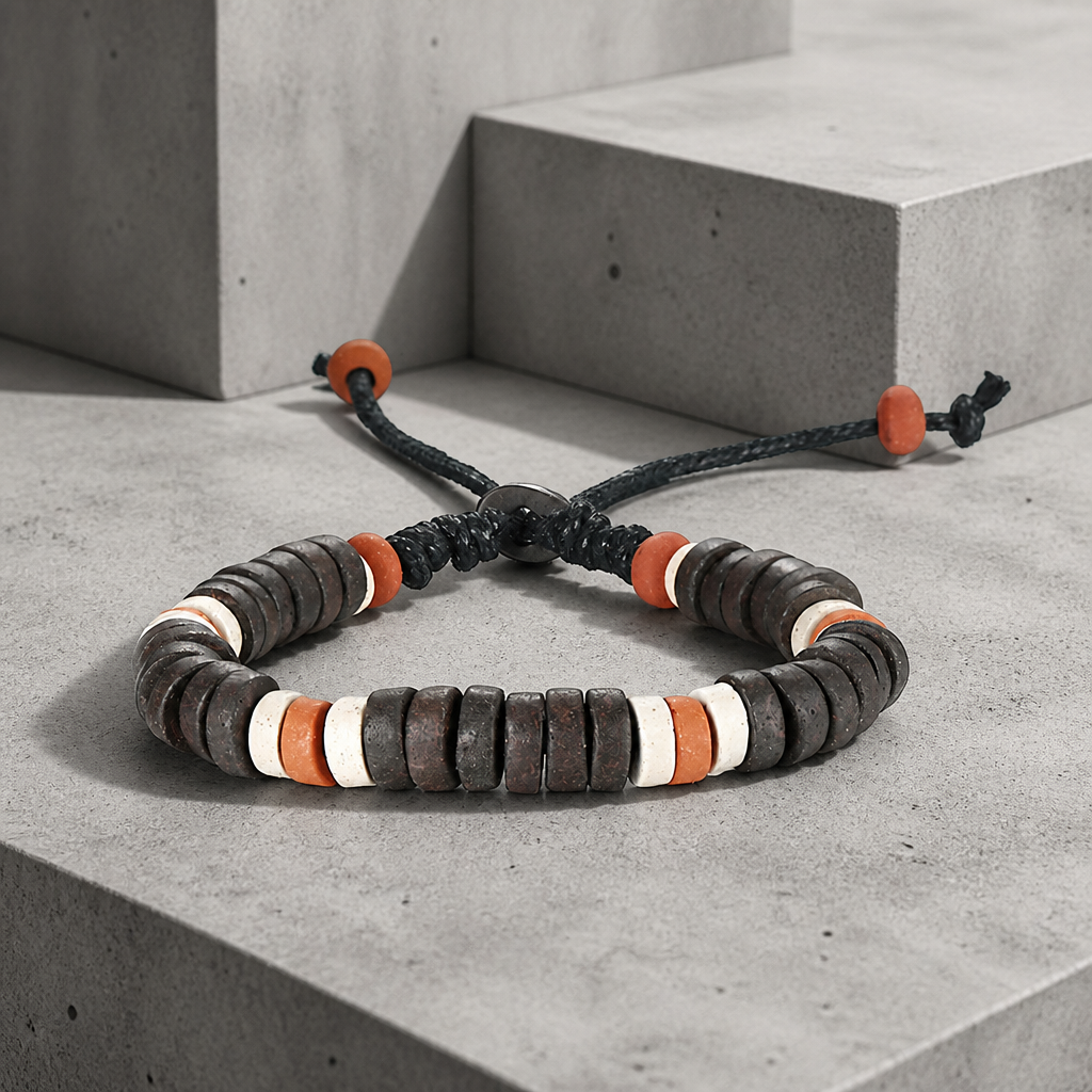 Bracelet ethnique homme en perles de bois foncé et pierre sur cordon noir coulissant