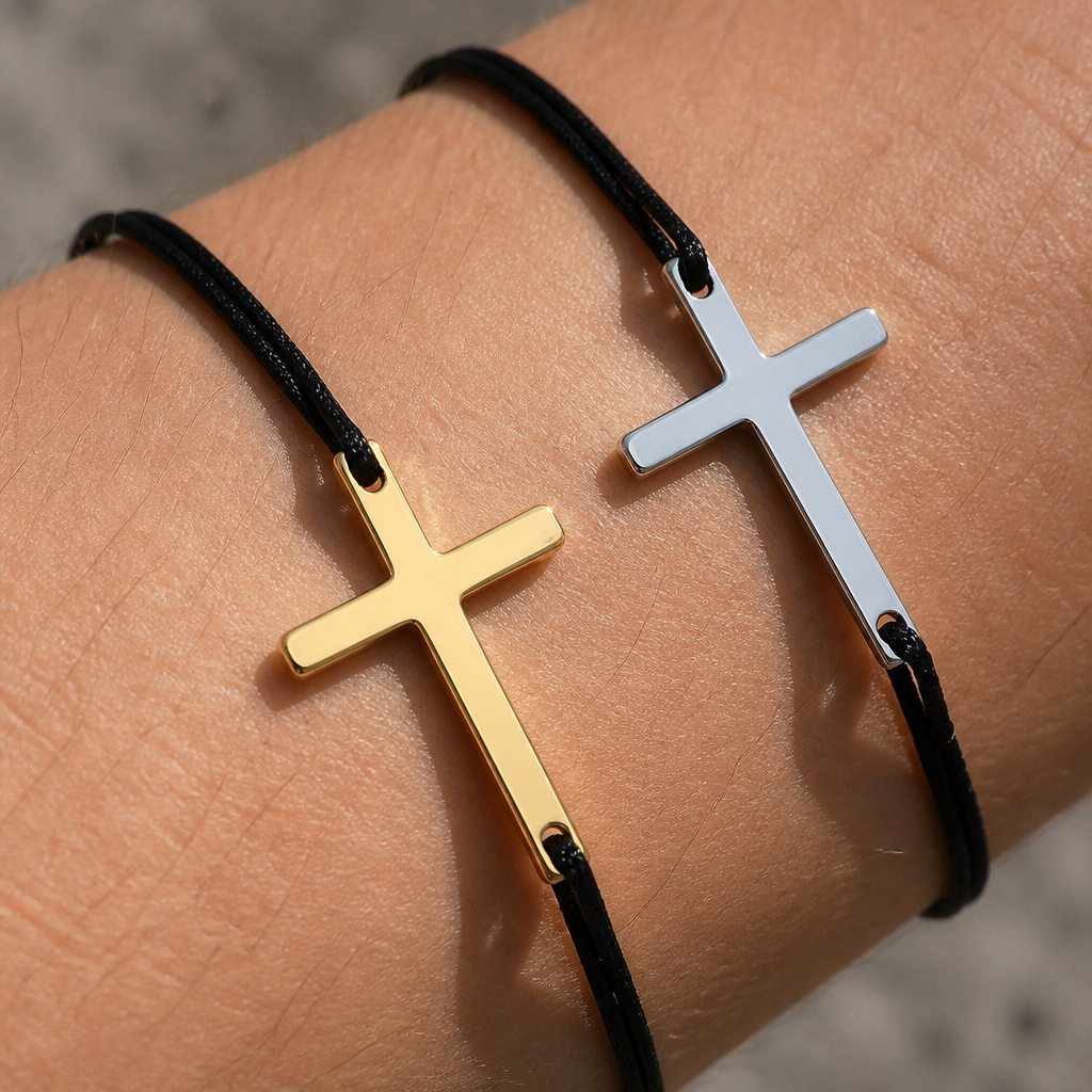 Des Finitions Exemplaires - Bracelet Homme Femme Duo, Croix sur Cordon Noir