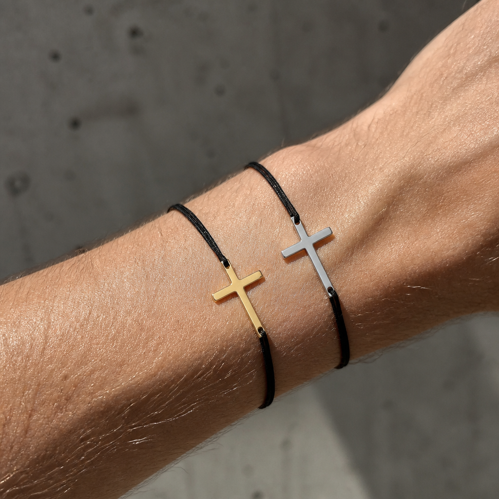 Les deux bracelets à croix portés ensemble sur un avant-bras