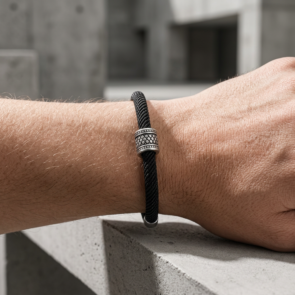 Cordon noir porté au poignet, la bague gravée sur le dessus du bras
