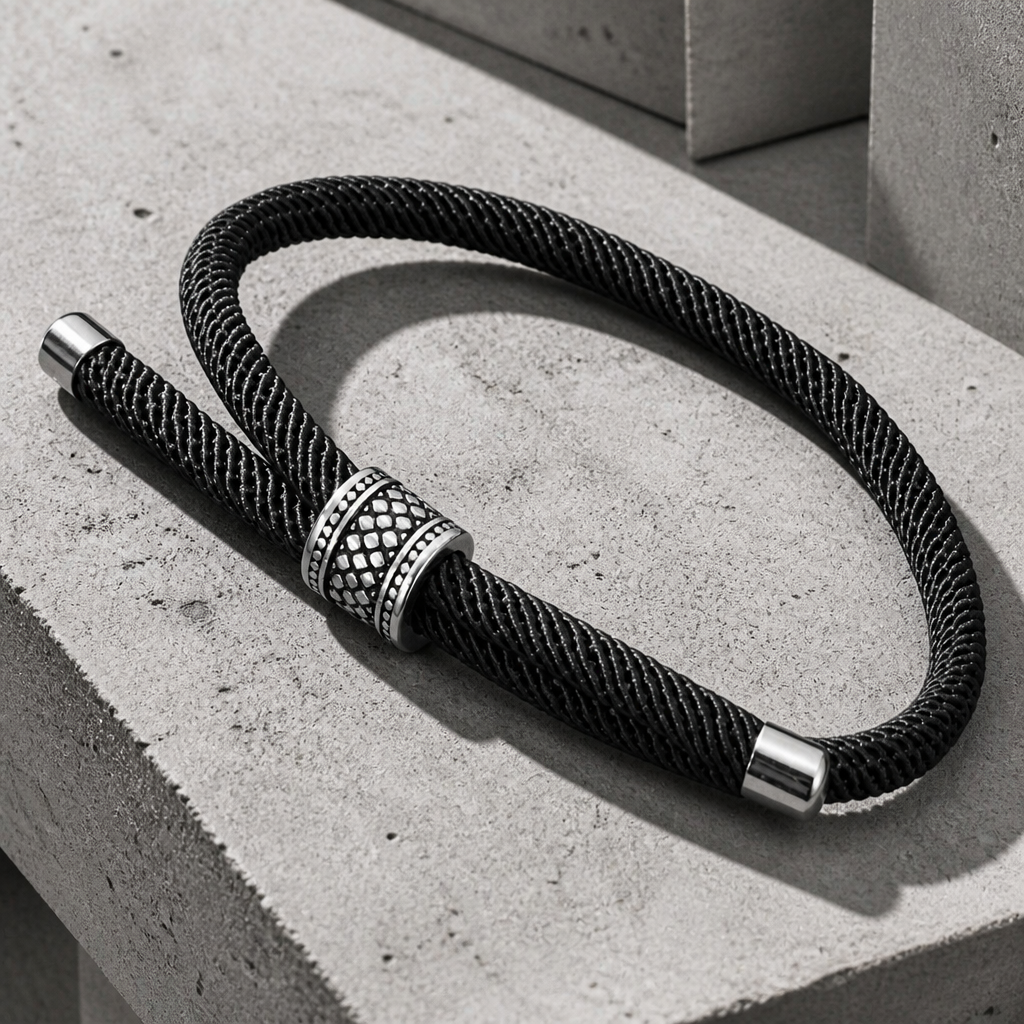 Bracelet homme fil noir, cordon tressé et bague d'acier ciselée sur blocs de béton