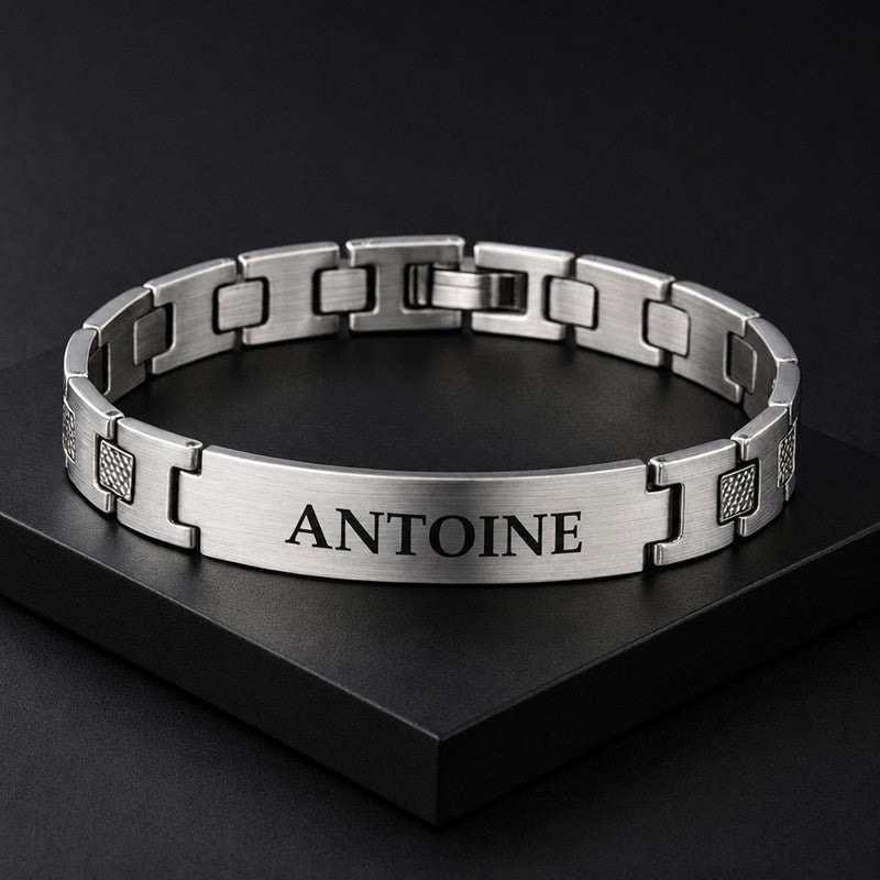 Bracelet homme gourmette en acier brossé, plaque gravée au prénom Antoine