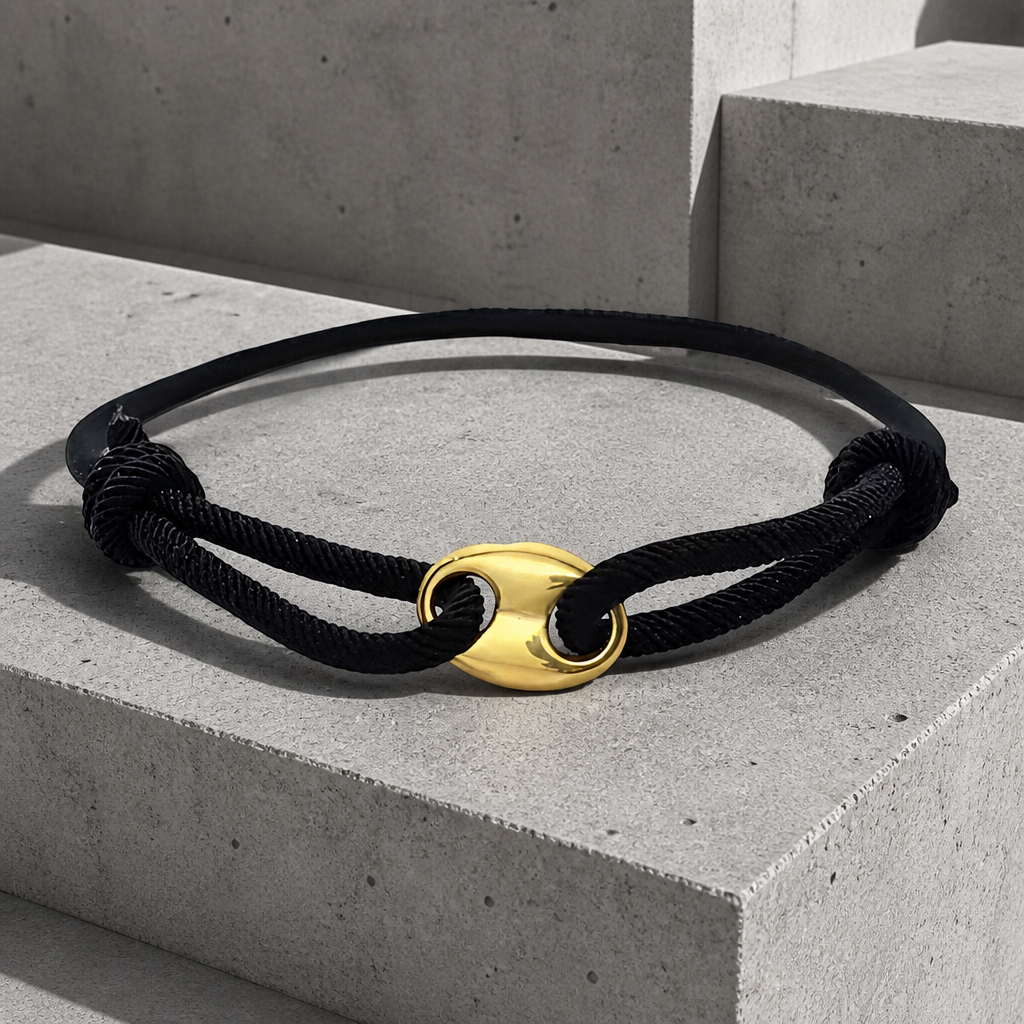 Bracelet homme grain de café doré sur cordon noir à noeuds coulissants, fond de béton