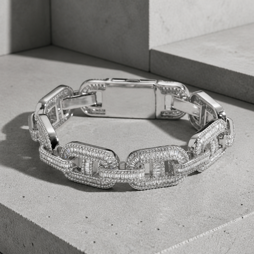 Bracelet homme grain de café large argenté, maillons pavés effet diamant