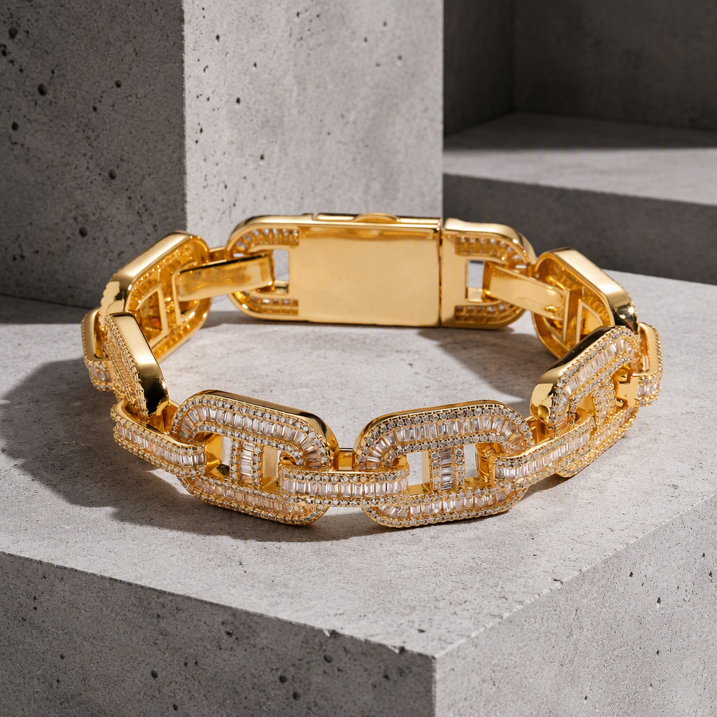 Bracelet homme grain de café large doré, maillons pavés effet diamant