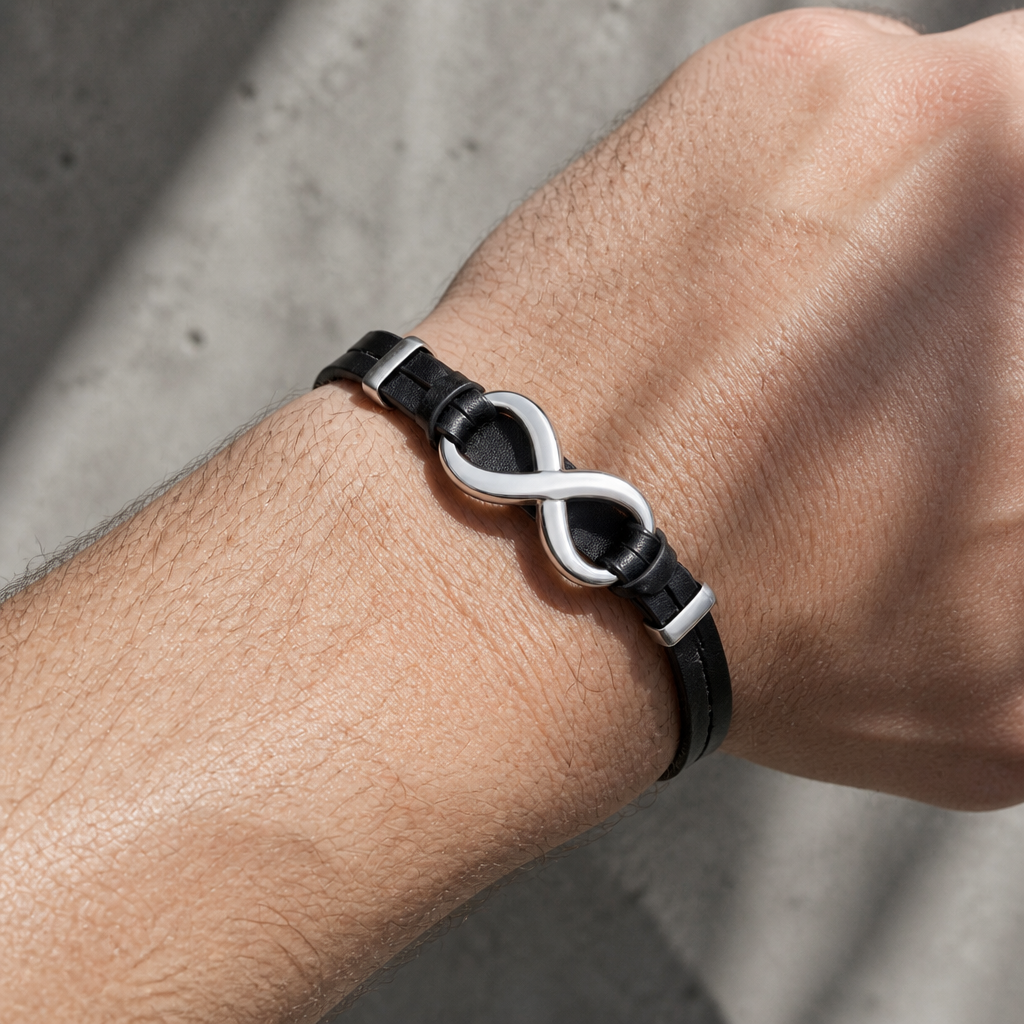 Bracelet infini en cuir noir porté au poignet, finition argentée