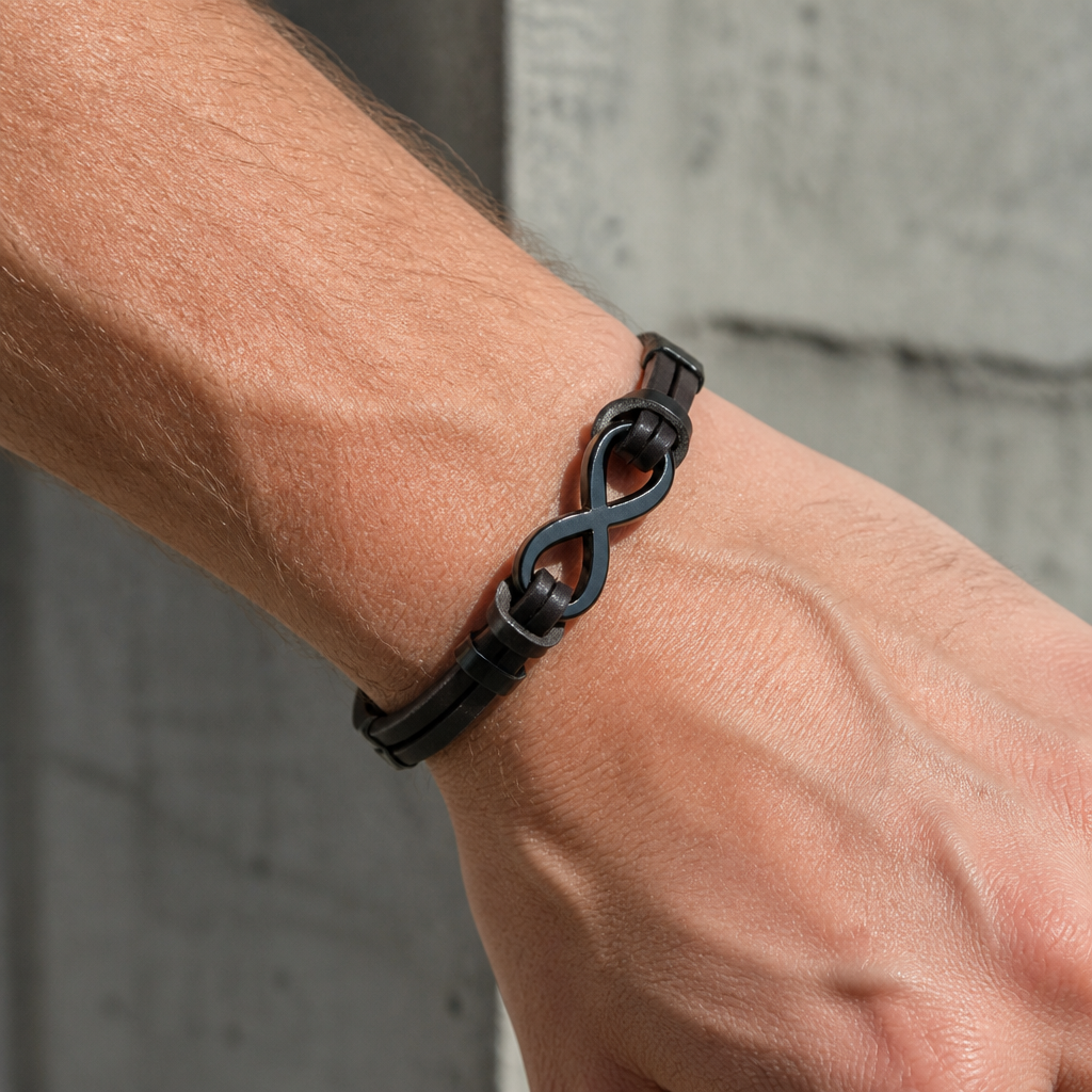 Bracelet infini en cuir noir porté au poignet, finition noire