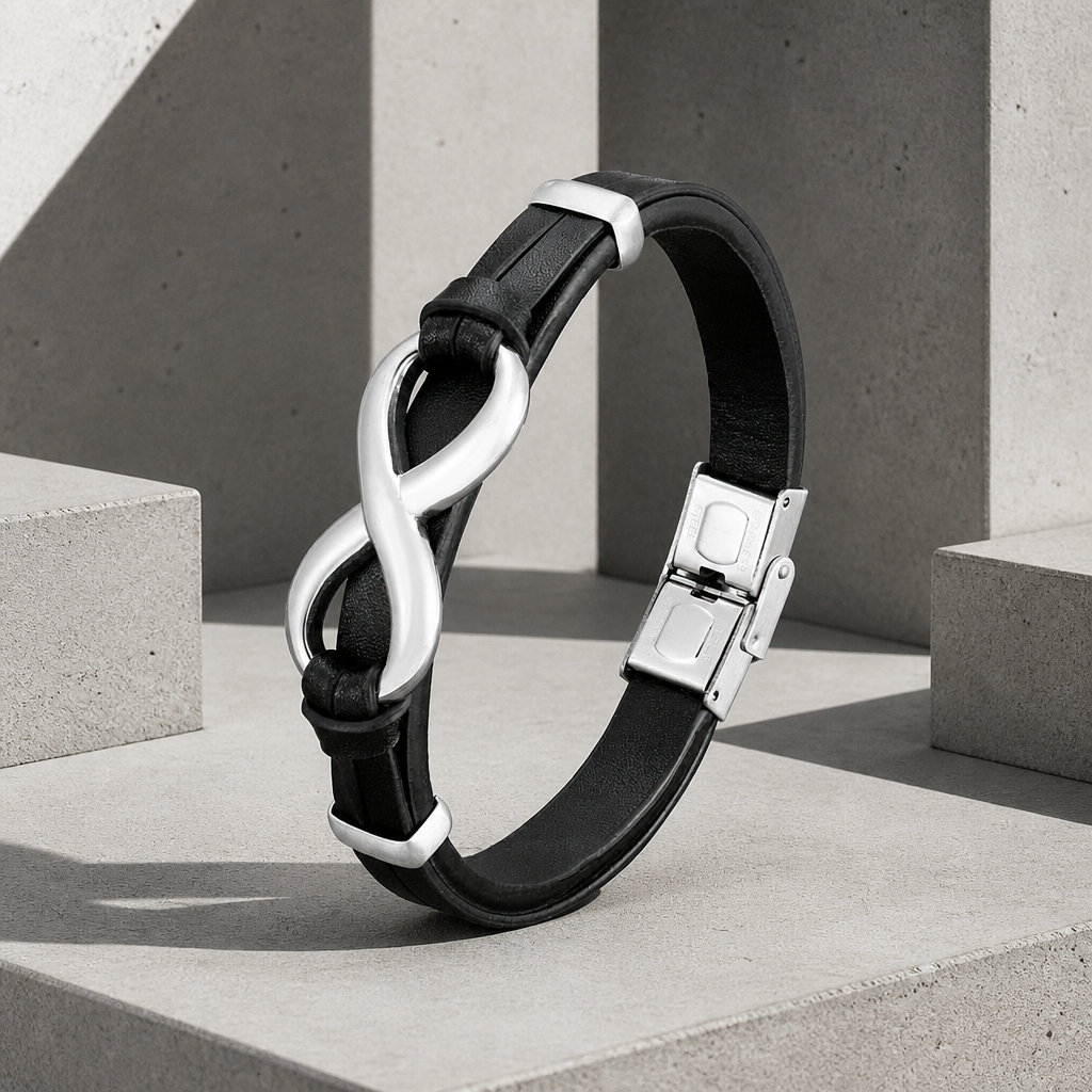 Bracelet homme en cuir noir et symbole infini en acier argenté