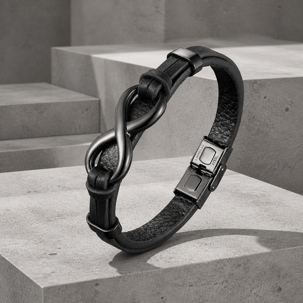 Bracelet homme jeune en cuir noir avec grand symbole infini en acier noir