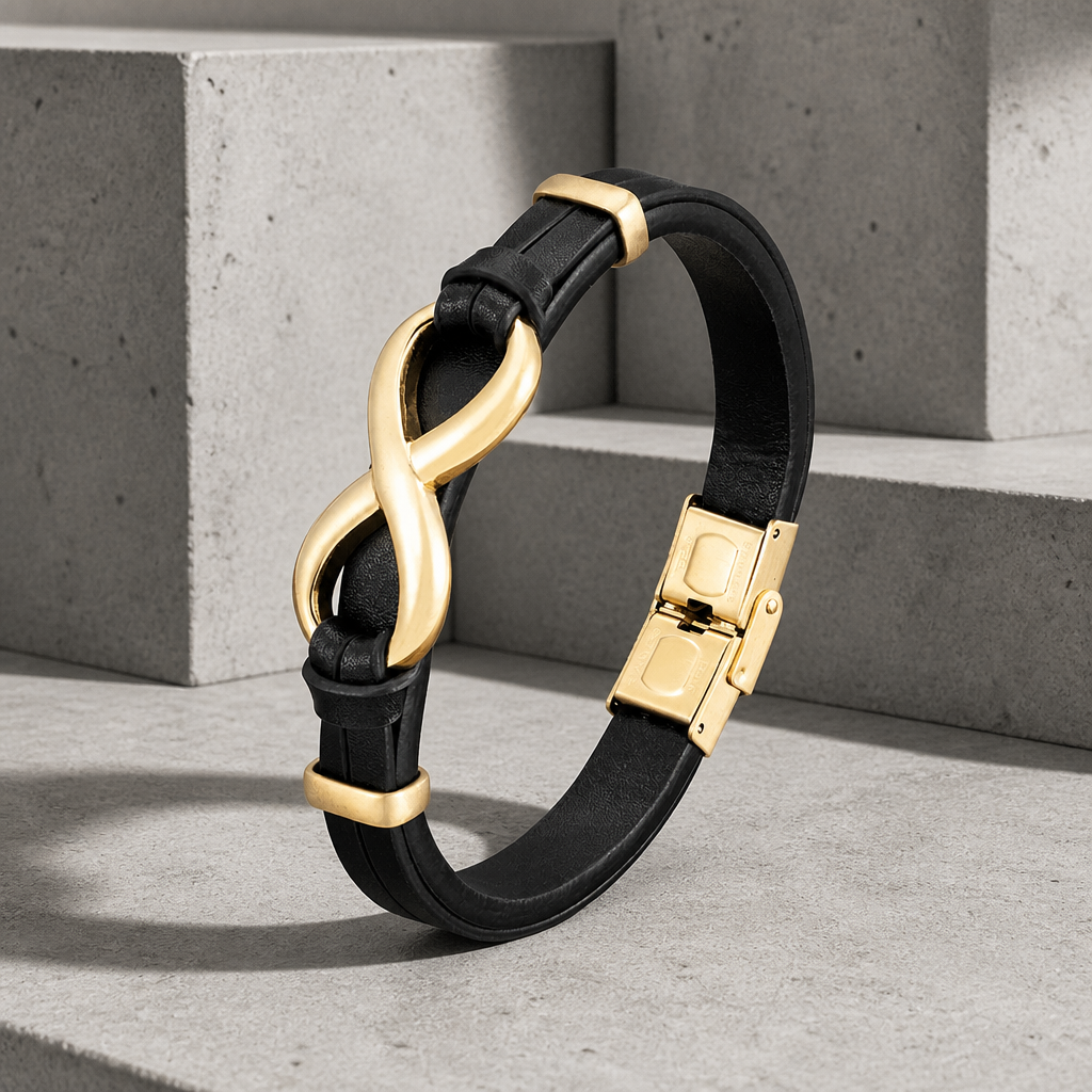 Bracelet homme en cuir noir et symbole infini en acier doré