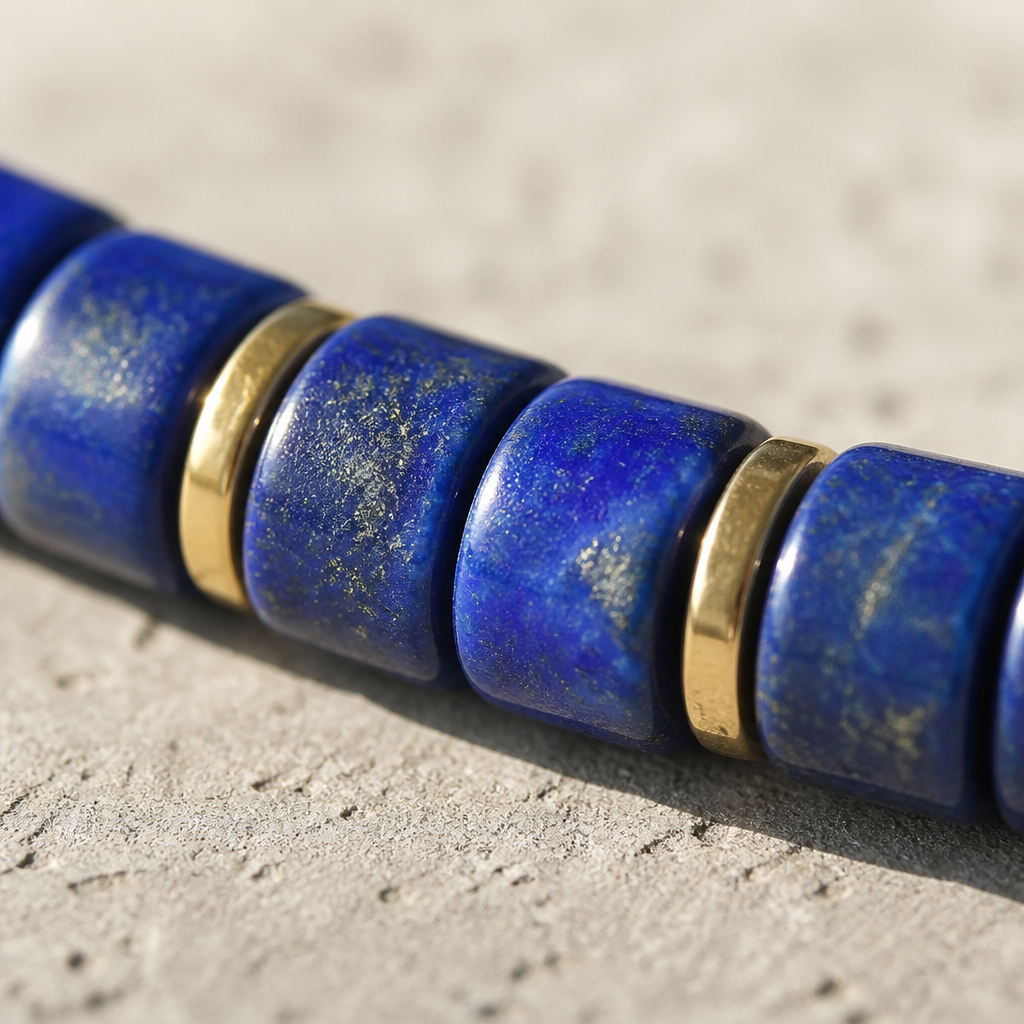 Macro des perles heishi bleu nuit veinées d'or et perles dorées