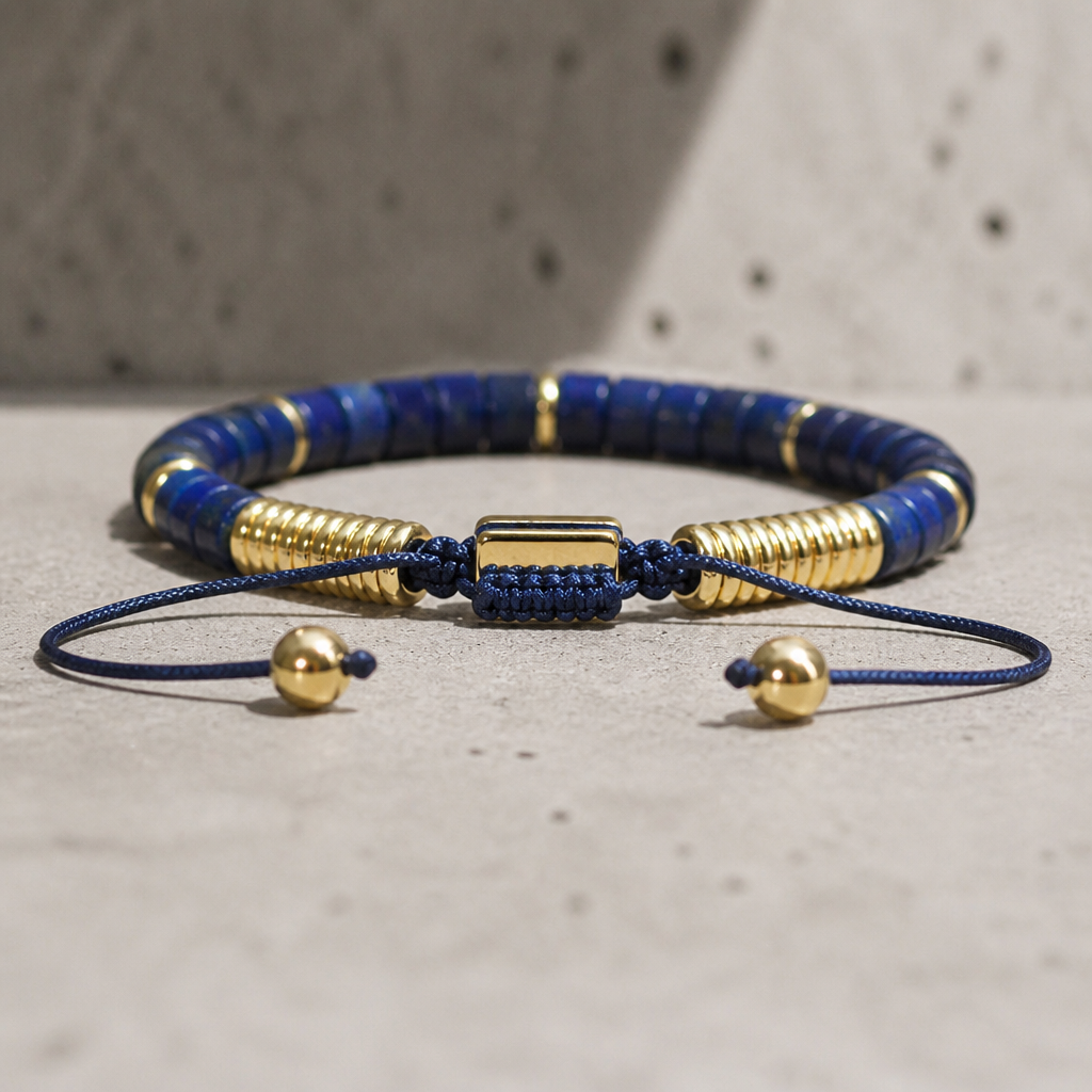 Des Finitions Exemplaires - Bracelet Homme Lapis-Lazuli, Heishi et Cordon Ajustable