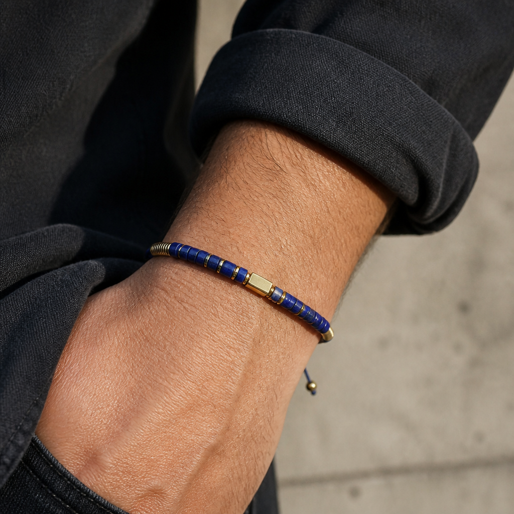 Bracelet lapis-lazuli finition or porté au poignet d'un homme