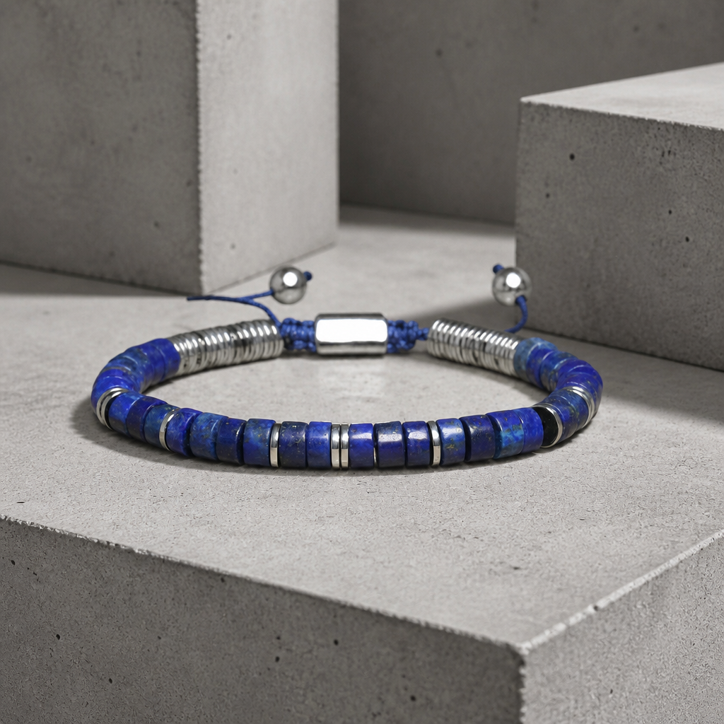 Bracelet homme lapis-lazuli, perles heishi bleu nuit et accents argent