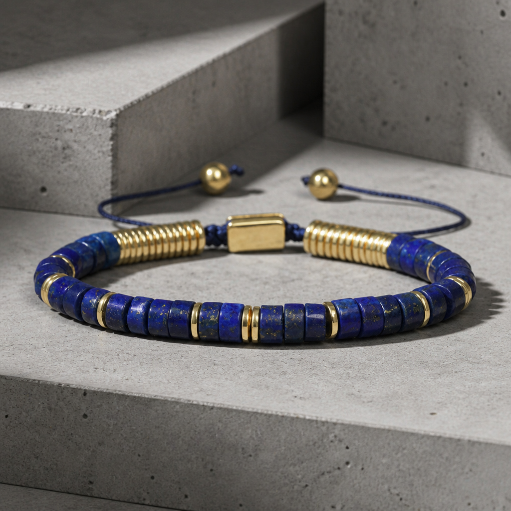 Bracelet homme lapis-lazuli, perles heishi bleu nuit et accents or, sur béton