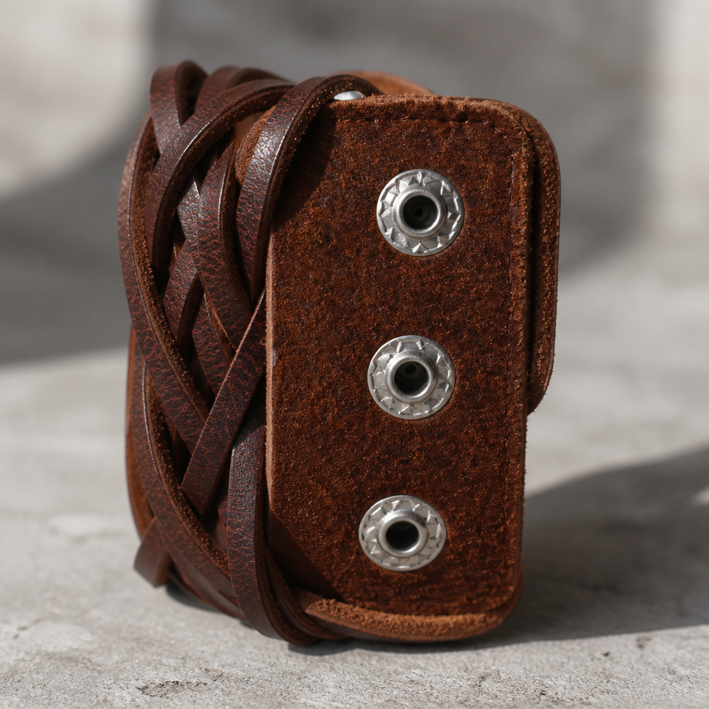 Détail des trois boutons-pression argentés du bracelet marron